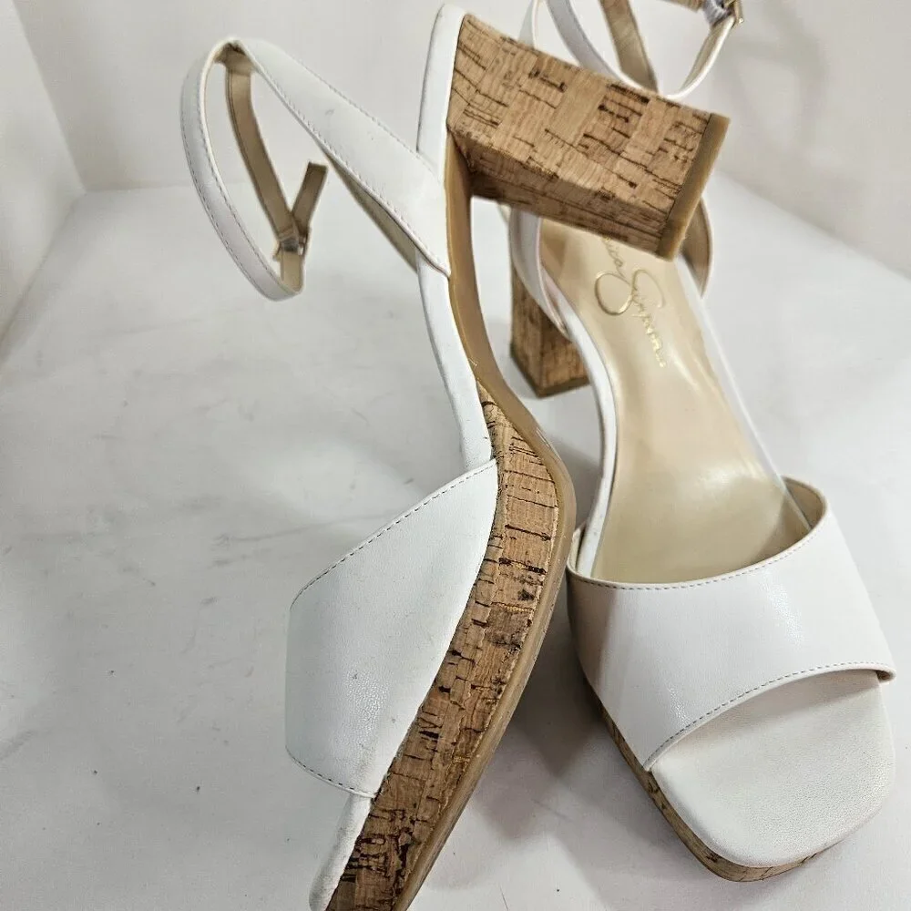 Jessica Simpson Cream and Tan Cork Chunky Heel and Sole Sandal Shoes Size 9.5 M